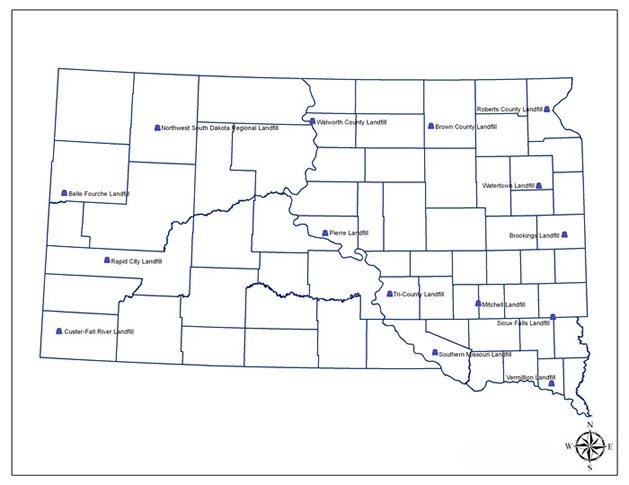 Map of South Dakota showing landfill locations